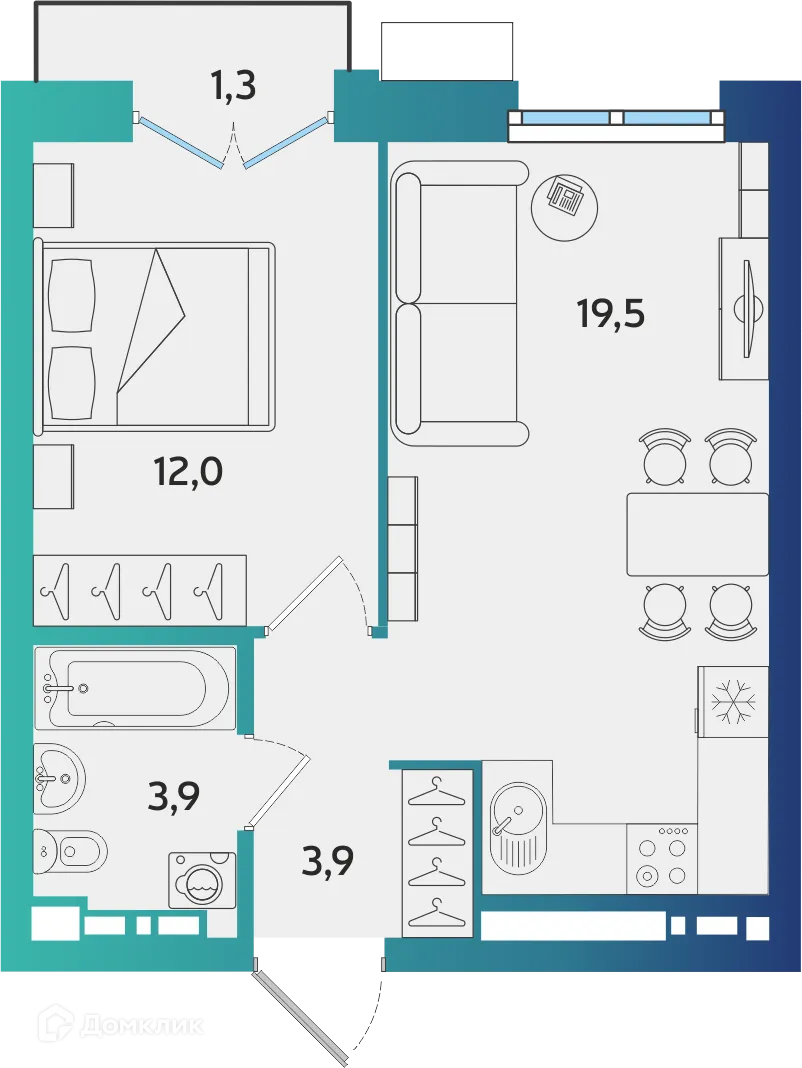 Планировка 1-комнатной квартиры 39.69 м² в ЖК Экополис, г. Альметьевск — фото 1