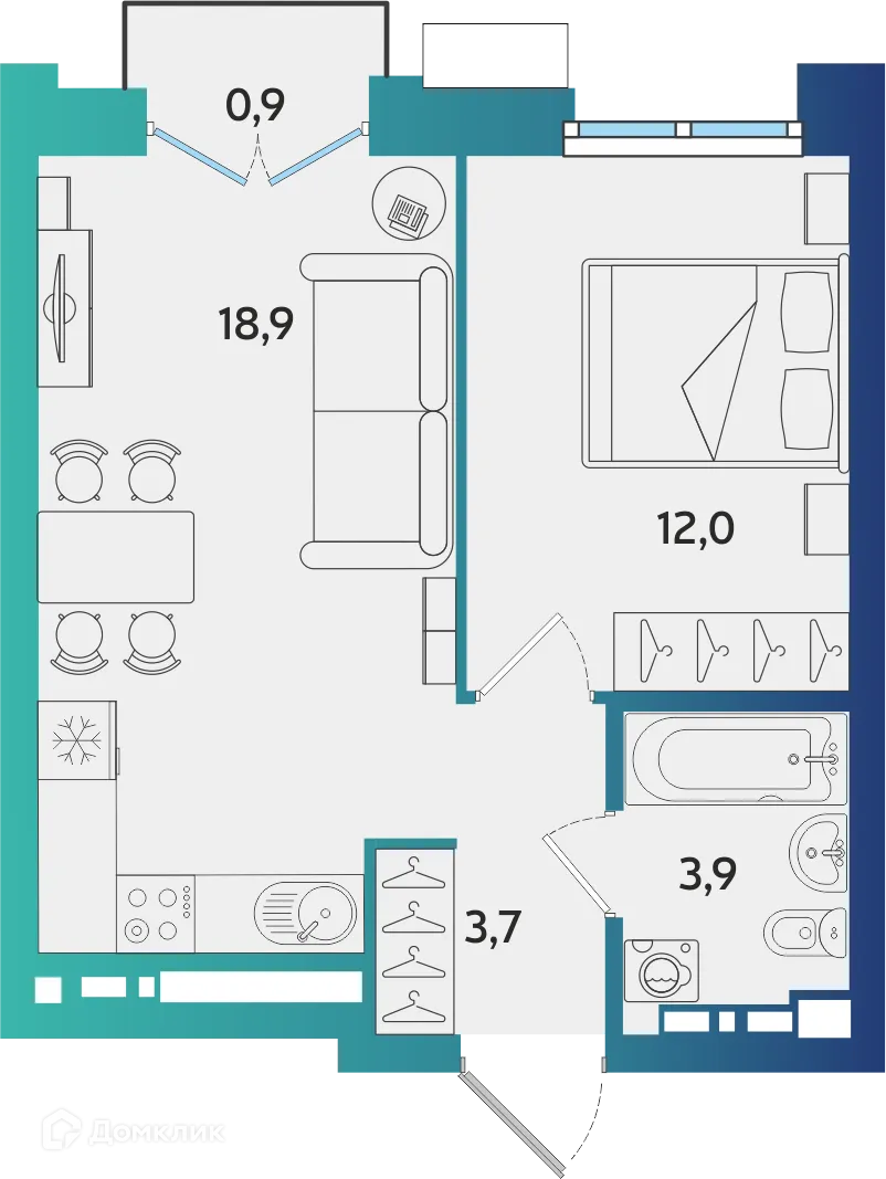 Планировка 1-комнатной квартиры 38.77 м² в ЖК Экополис, г. Альметьевск — фото 1
