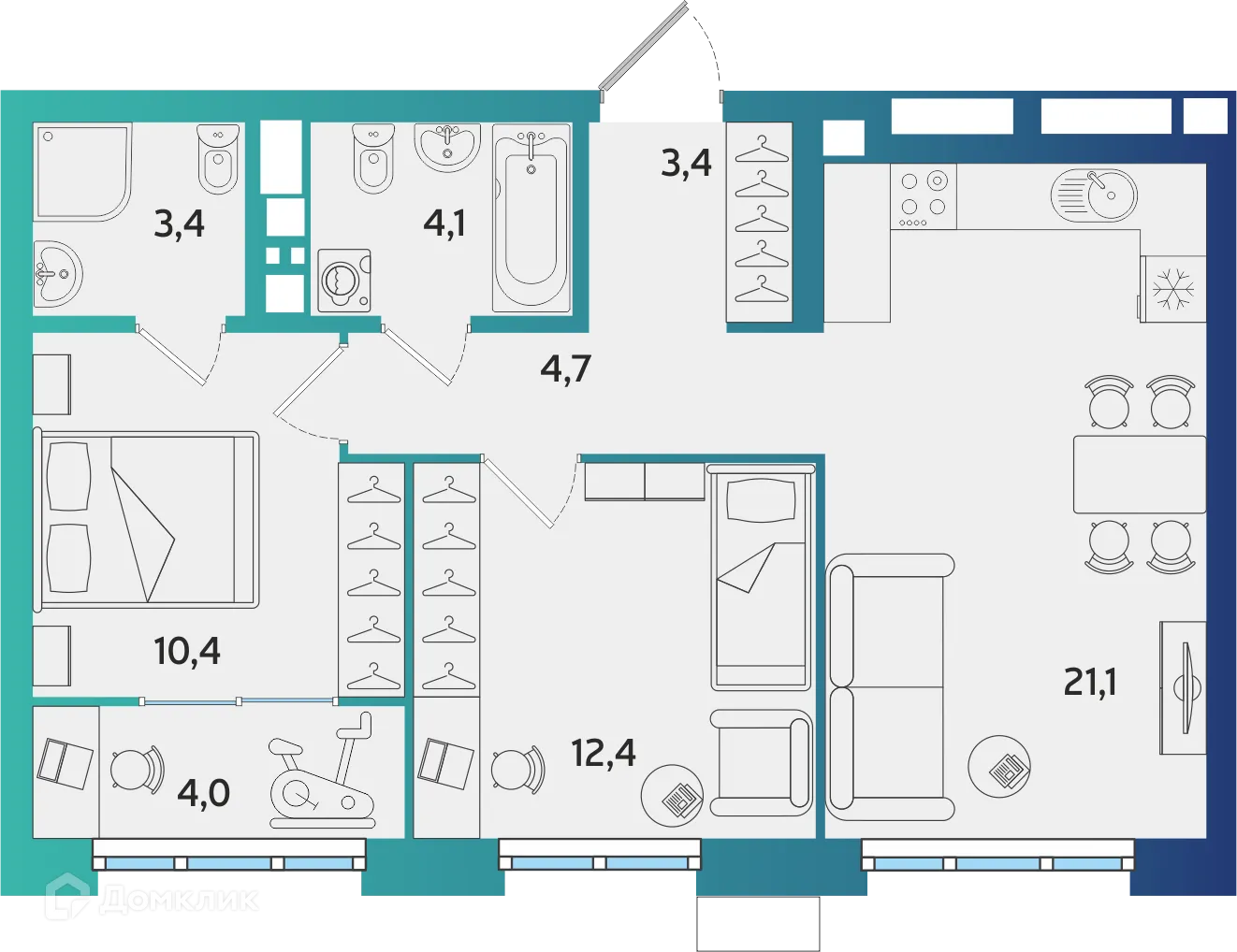 Планировка 2-комнатной квартиры 63.5 м² в ЖК Экополис, г. Альметьевск — фото 1