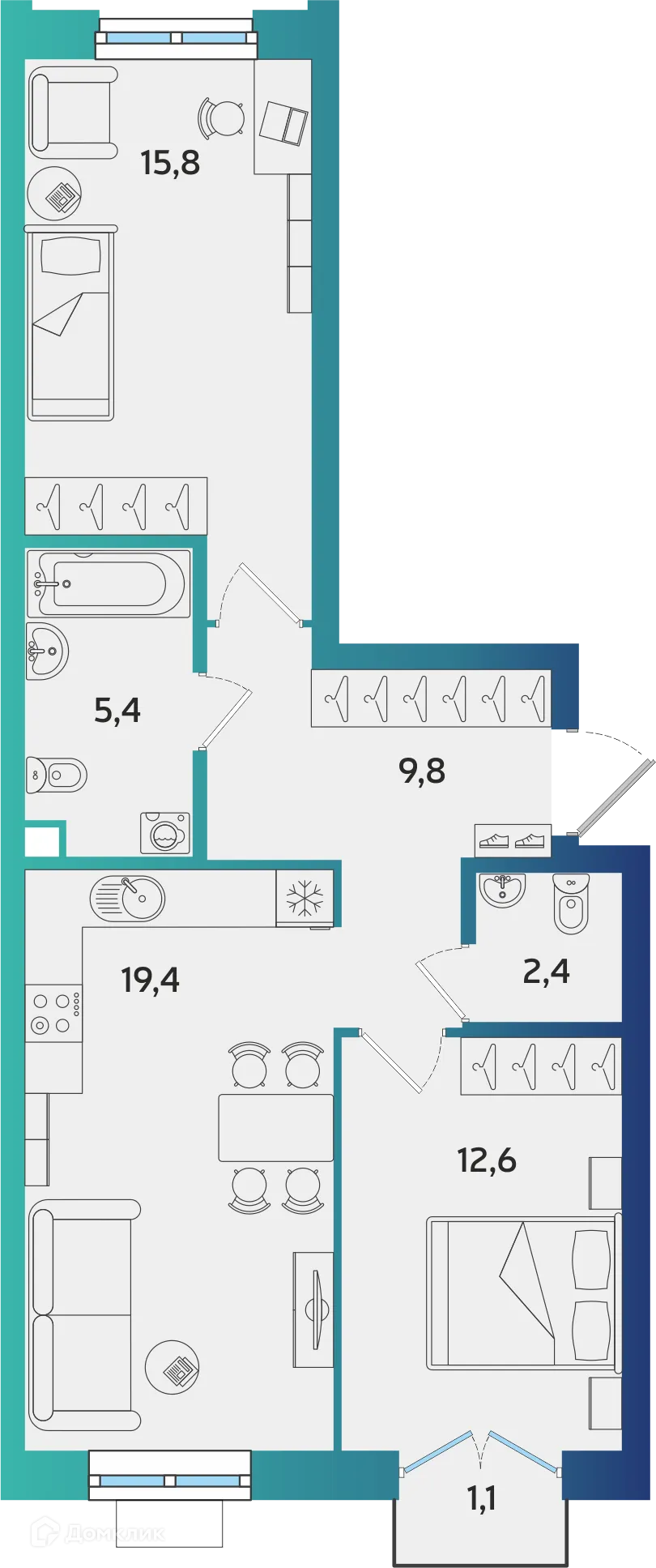 Планировка 2-комнатной квартиры 65.73 м² в ЖК Экополис, г. Альметьевск — фото 1