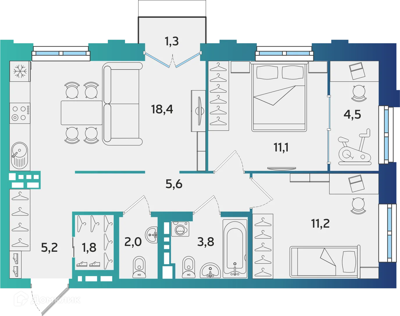 Планировка 2-комнатной квартиры 63.99 м² в ЖК Экополис, г. Альметьевск — фото 1