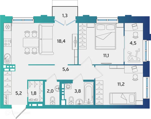 Планировка 2 комн. в ЖК Экополис