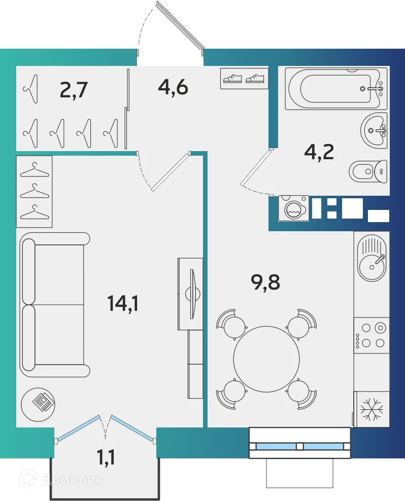 Планировка 1-комнатной квартиры 35.73 м² в ЖК Экополис, г. Альметьевск — фото 1