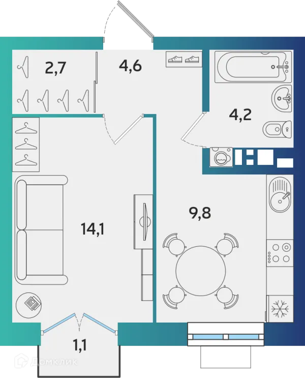 Планировка 1 комн. в ЖК Экополис