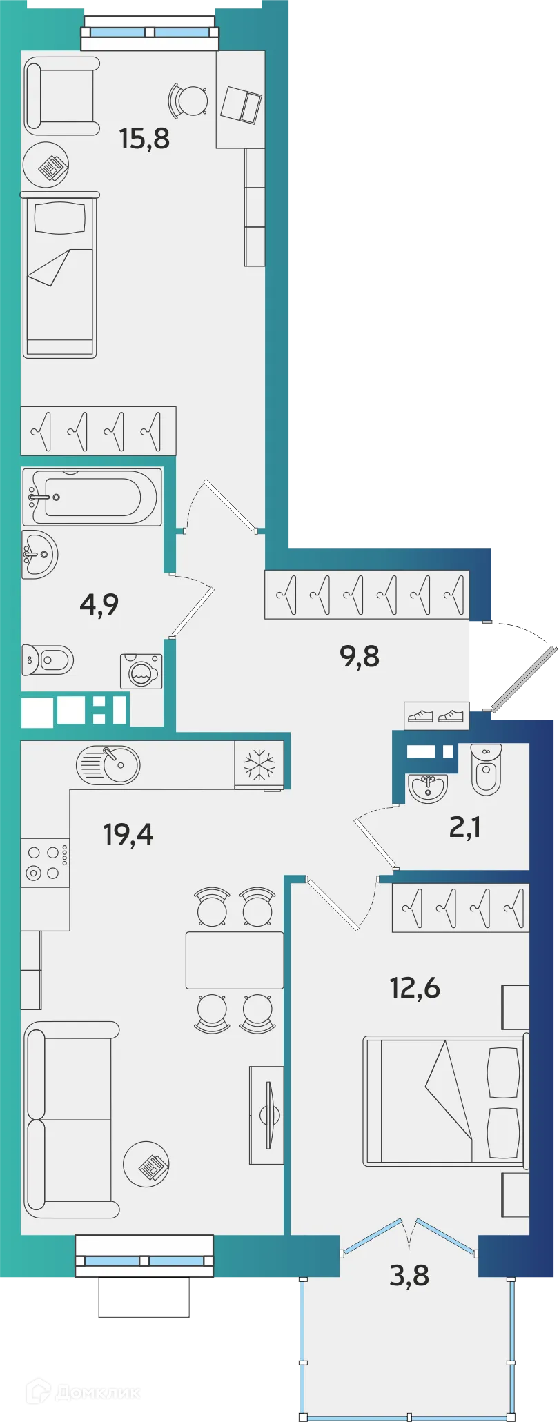 Планировка 2-комнатной квартиры 65.74 м² в ЖК Экополис, г. Альметьевск — фото 1