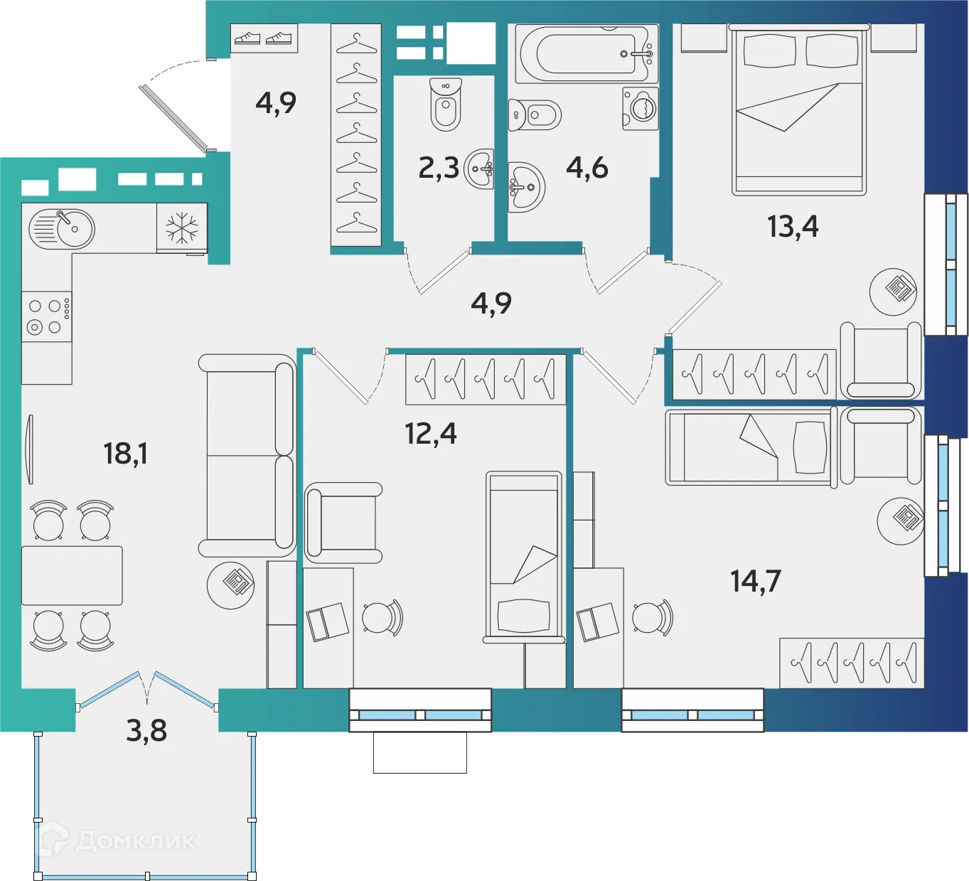 Планировка 3-комнатной квартиры 76.44 м² в ЖК Экополис, г. Альметьевск — фото 1