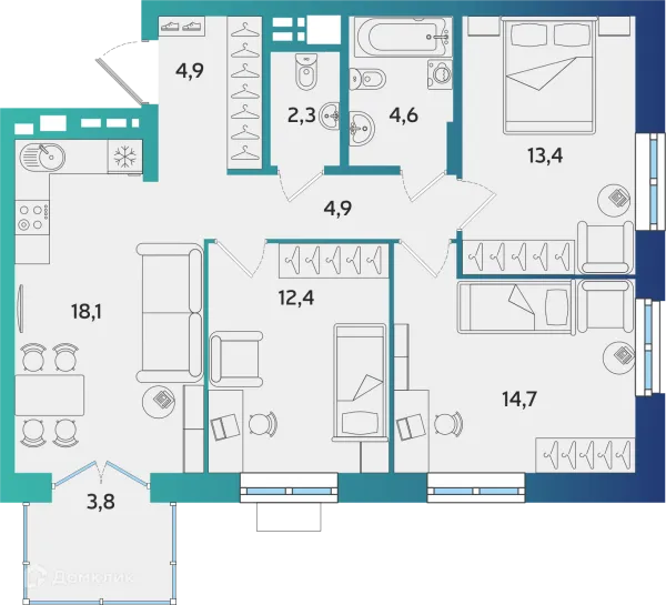Планировка 3 комн. в ЖК Экополис