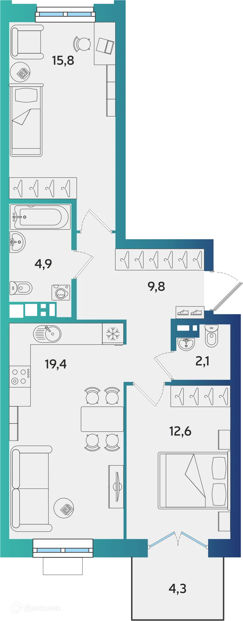 Планировка 2-комнатной квартиры 65.89 м² в ЖК Экополис, г. Альметьевск — фото 1