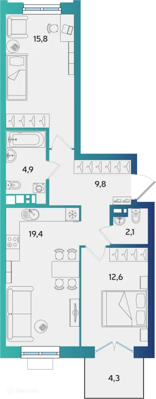 Планировка 2 комн. в ЖК Экополис