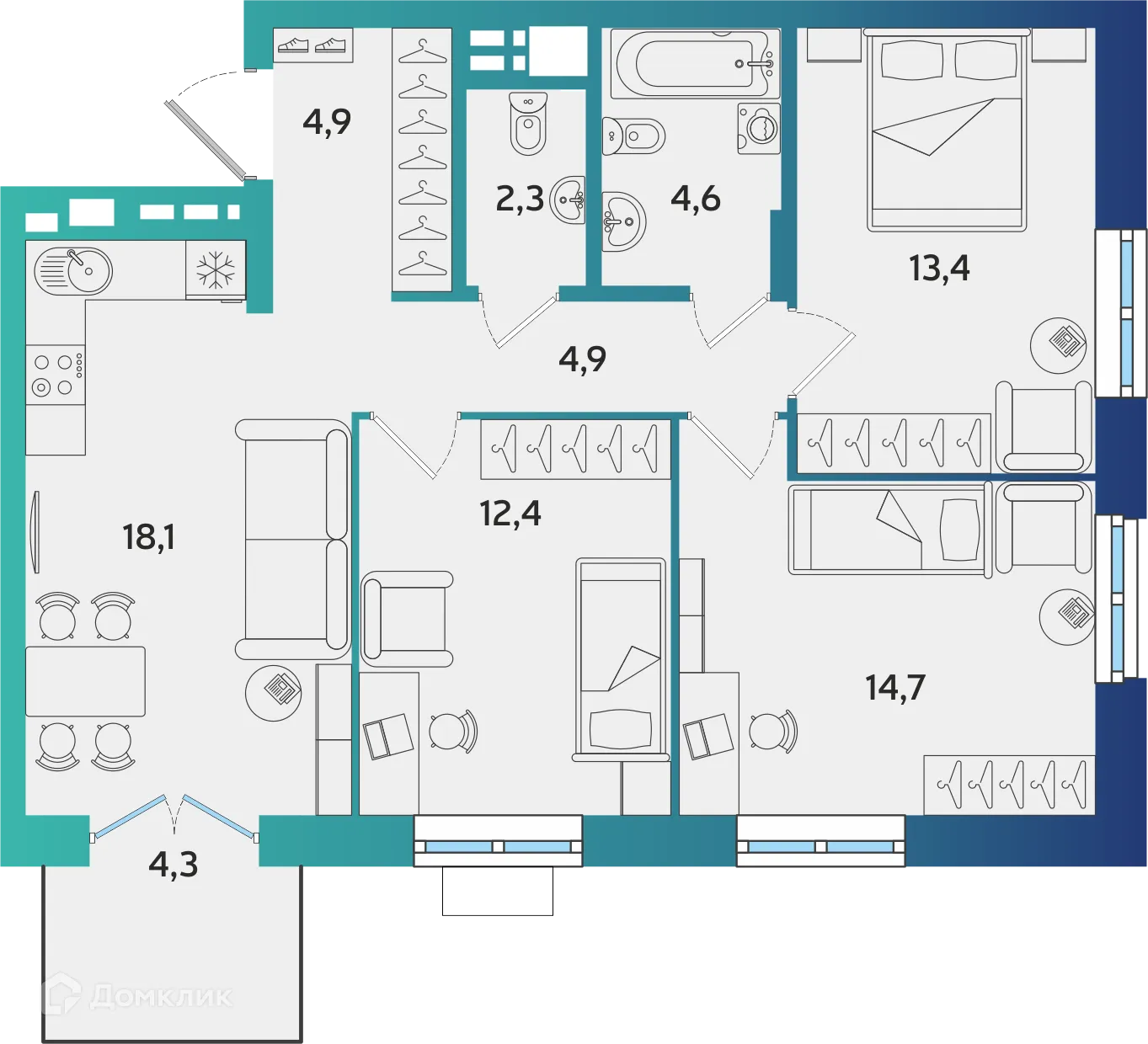 Планировка 3-комнатной квартиры 76.59 м² в ЖК Экополис, г. Альметьевск — фото 1