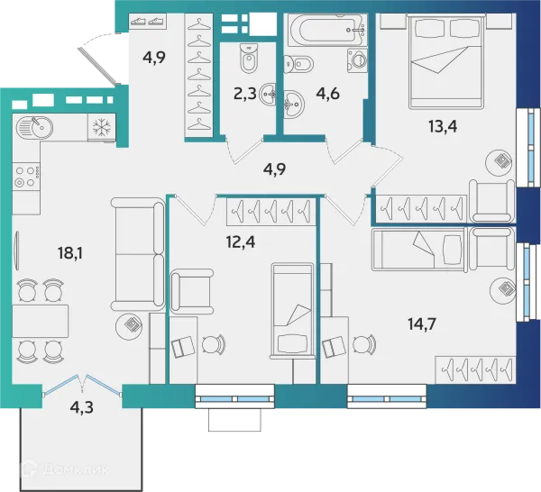 Планировка 3 комн. в ЖК Экополис