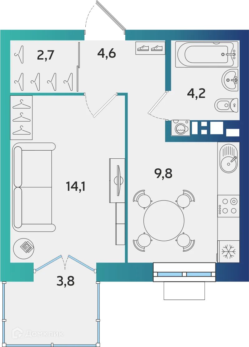 Планировка 1-комнатной квартиры 36.54 м² в ЖК Экополис, г. Альметьевск — фото 1