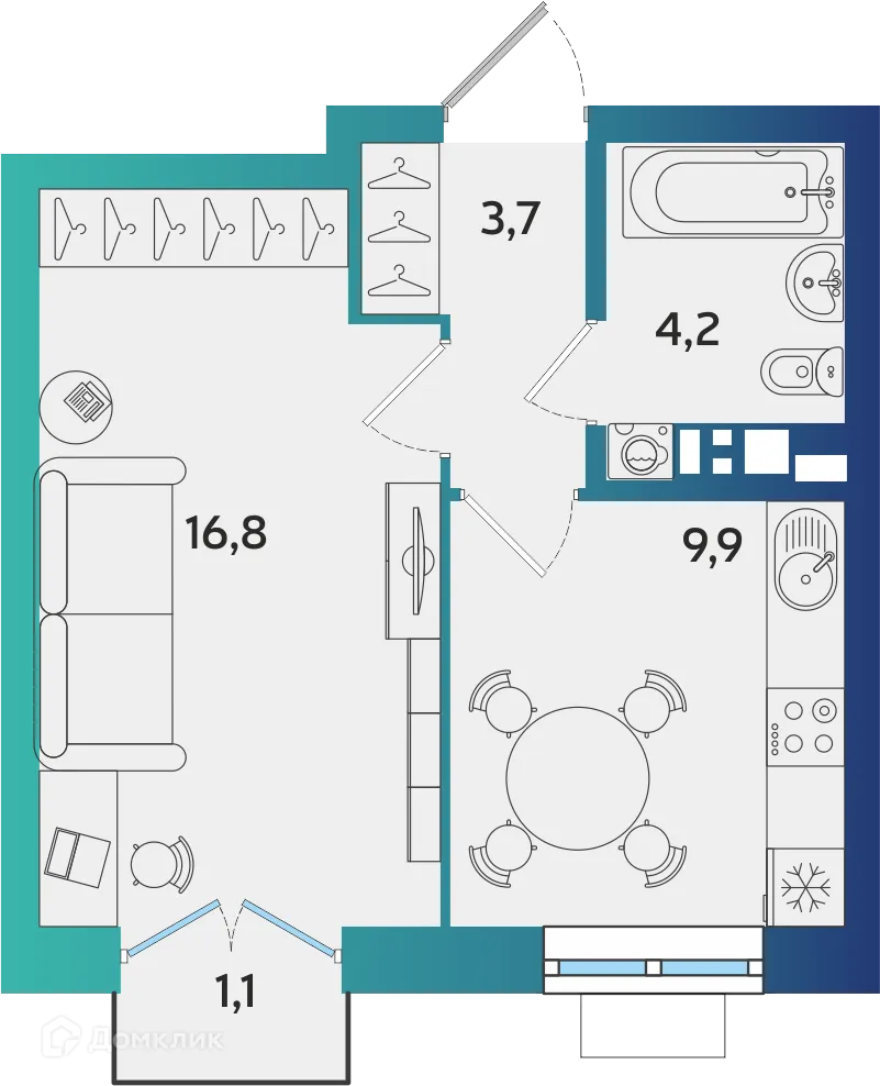 Планировка 1-комнатной квартиры 34.93 м² в ЖК Экополис, г. Альметьевск — фото 1