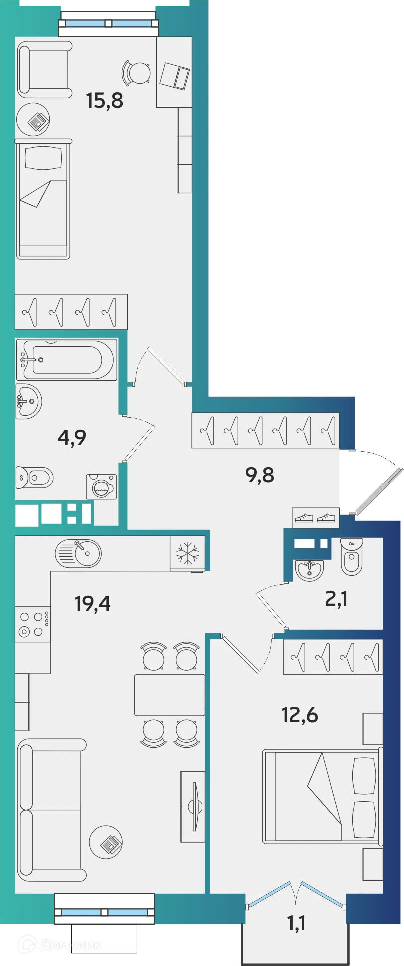 Планировка 2-комнатной квартиры 64.93 м² в ЖК Экополис, г. Альметьевск — фото 1