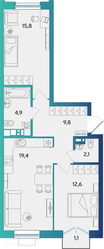 Планировка 2 комн. в ЖК Экополис
