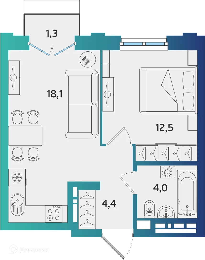 Планировка 1-комнатной квартиры 39.39 м² в ЖК Экополис, г. Альметьевск — фото 1