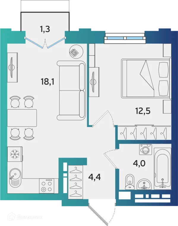 Планировка 1 комн. в ЖК Экополис