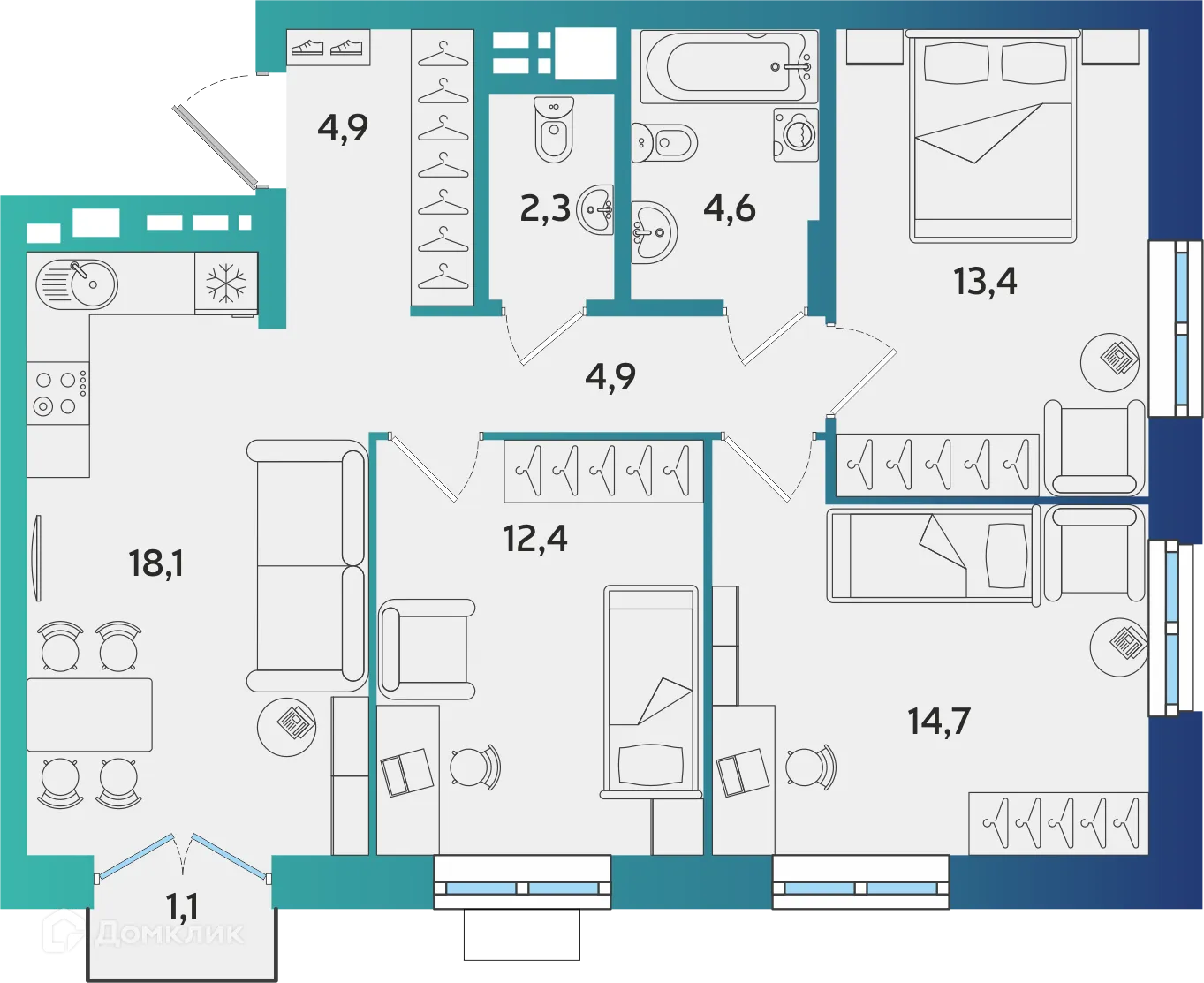 Планировка 3-комнатной квартиры 75.63 м² в ЖК Экополис, г. Альметьевск — фото 1