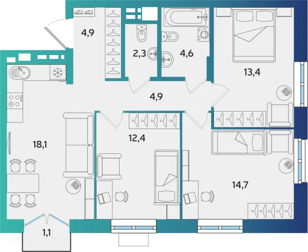 Планировка 3 комн. в ЖК Экополис