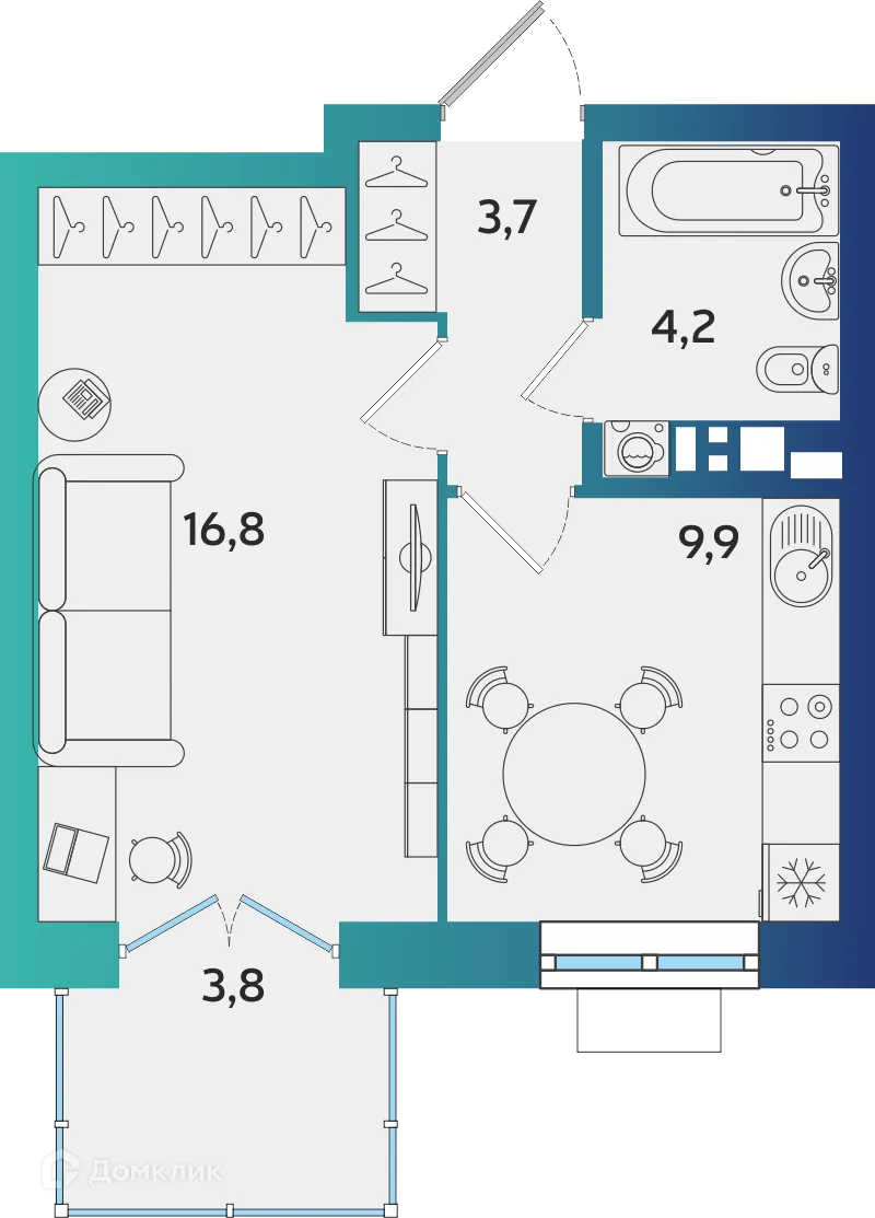 Планировка 1-комнатной квартиры 35.74 м² в ЖК Экополис, г. Альметьевск — фото 1