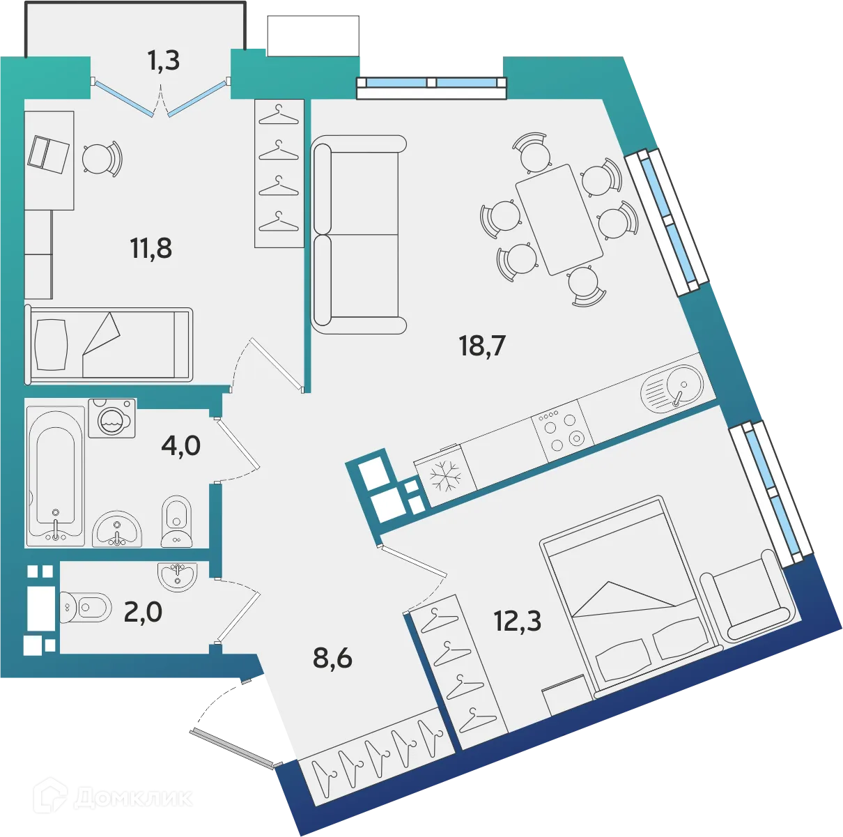 Планировка 2-комнатной квартиры 57.79 м² в ЖК Экополис, г. Альметьевск — фото 1