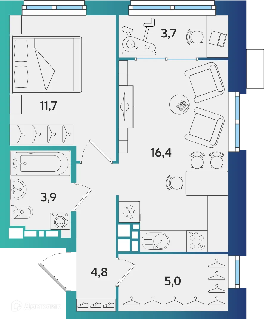 Планировка 1-комнатной квартиры 45.5 м² в ЖК Экополис, г. Альметьевск — фото 1