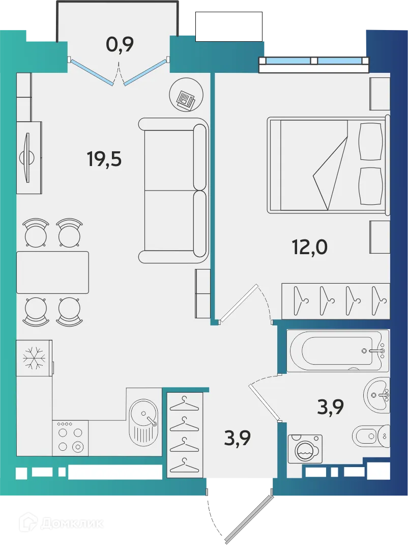 Планировка 1-комнатной квартиры 39.57 м² в ЖК Экополис, г. Альметьевск — фото 1