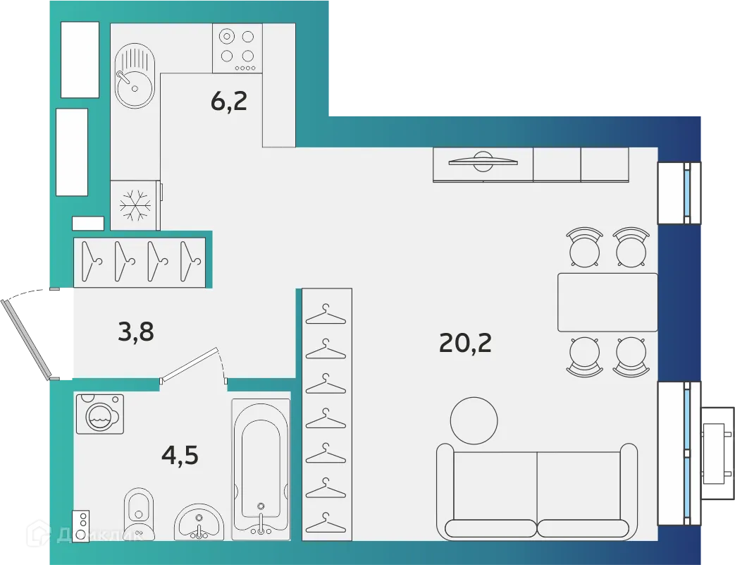 Планировка 1-комнатной квартиры 34.7 м² в ЖК Экополис, г. Альметьевск — фото 1