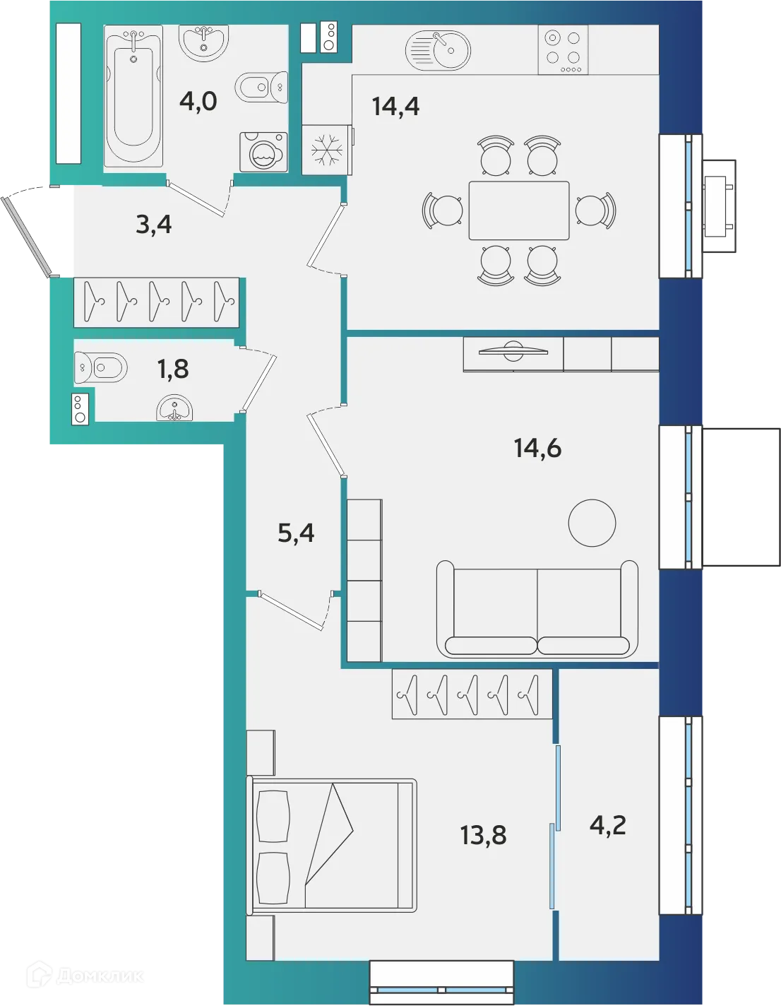 Планировка 2-комнатной квартиры 61.6 м² в ЖК Экополис, г. Альметьевск — фото 1