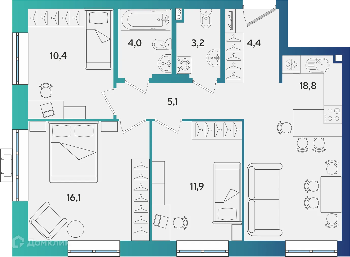 Планировка 3-комнатной квартиры 73.9 м² в ЖК Экополис, г. Альметьевск — фото 1