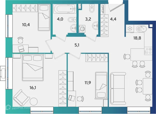 Планировка 3 комн. в ЖК Экополис