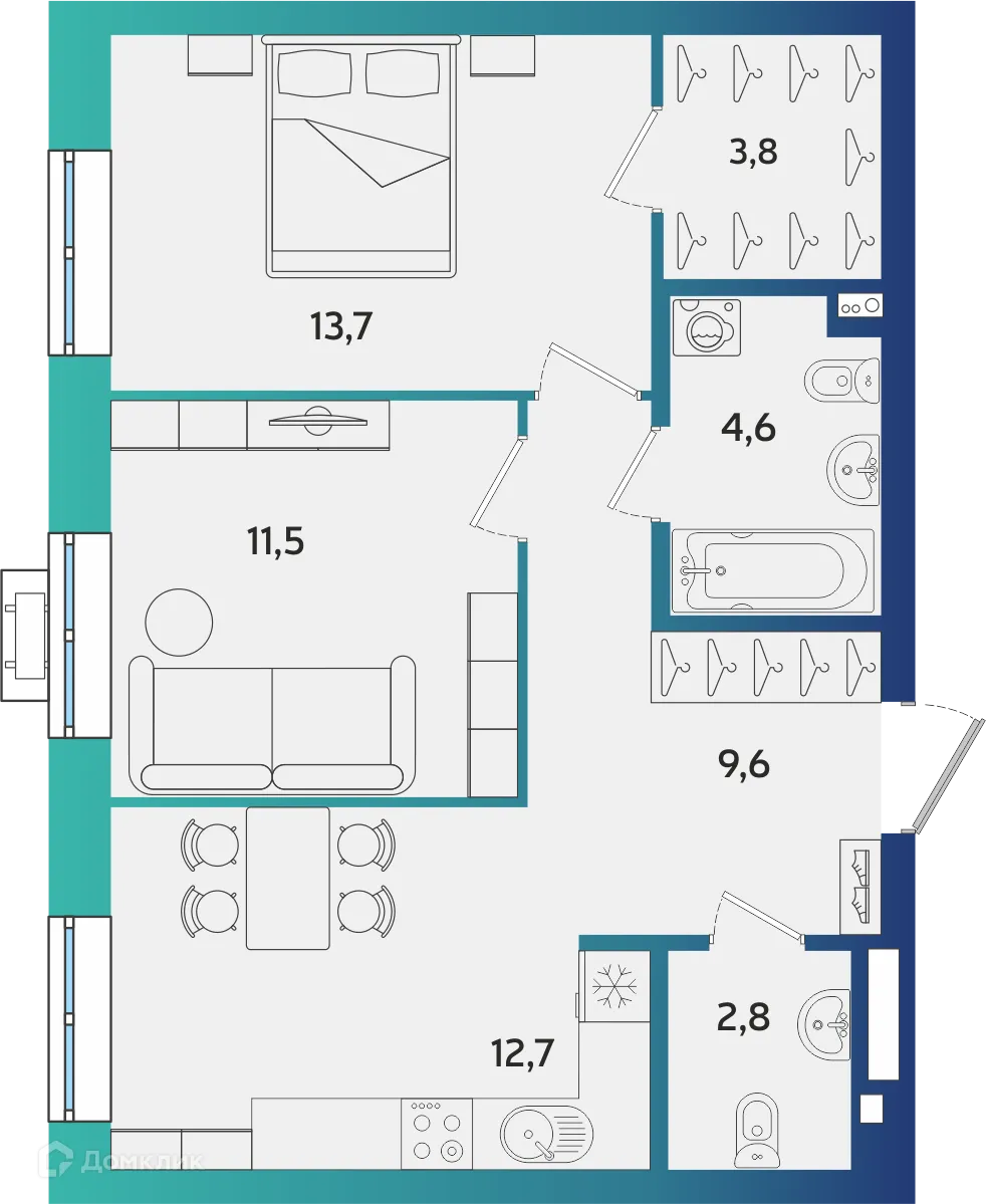 Планировка 2-комнатной квартиры 58.7 м² в ЖК Экополис, г. Альметьевск — фото 1