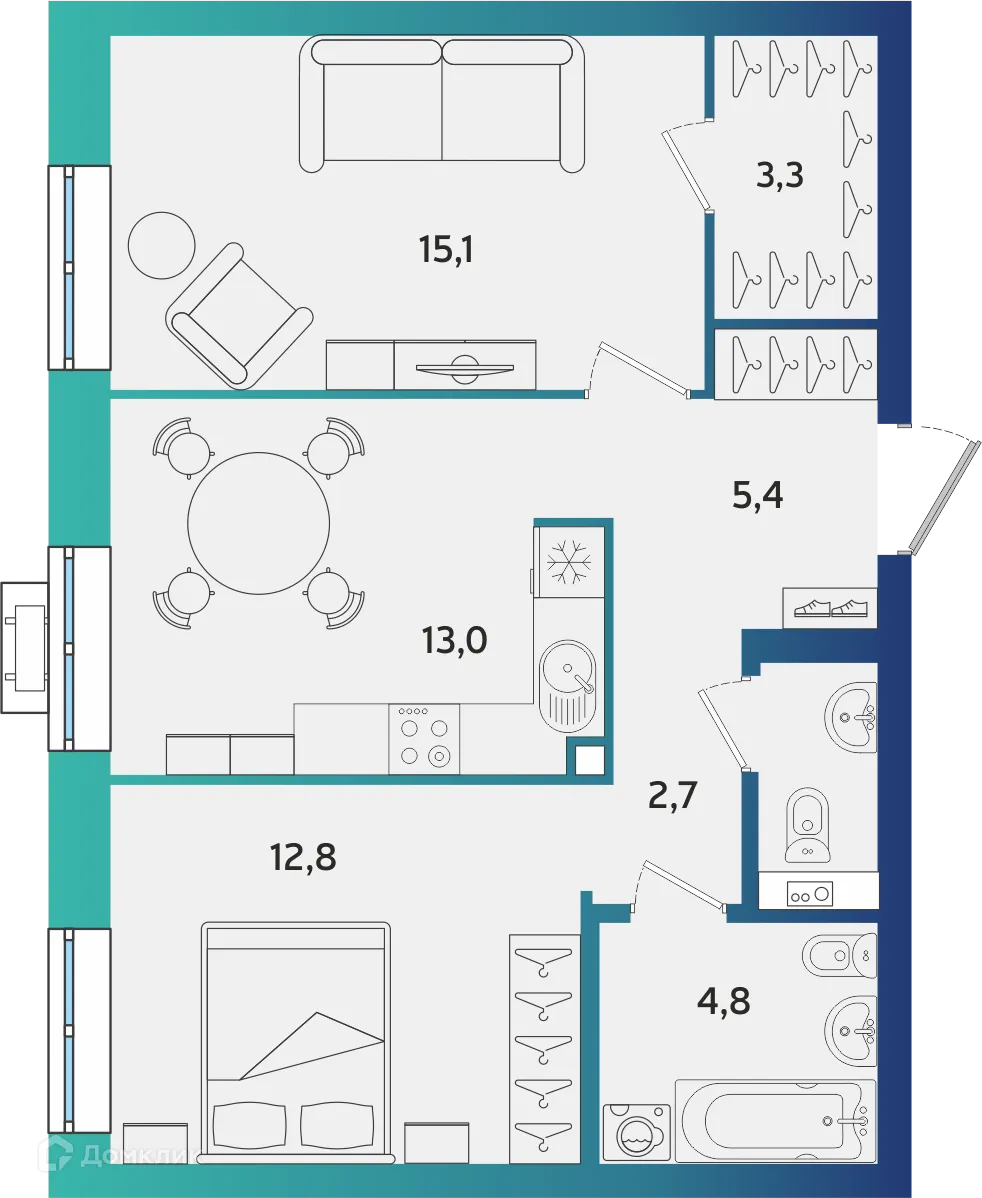 Планировка 2-комнатной квартиры 58.8 м² в ЖК Экополис, г. Альметьевск — фото 1
