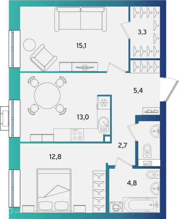 Планировка 2 комн. в ЖК Экополис