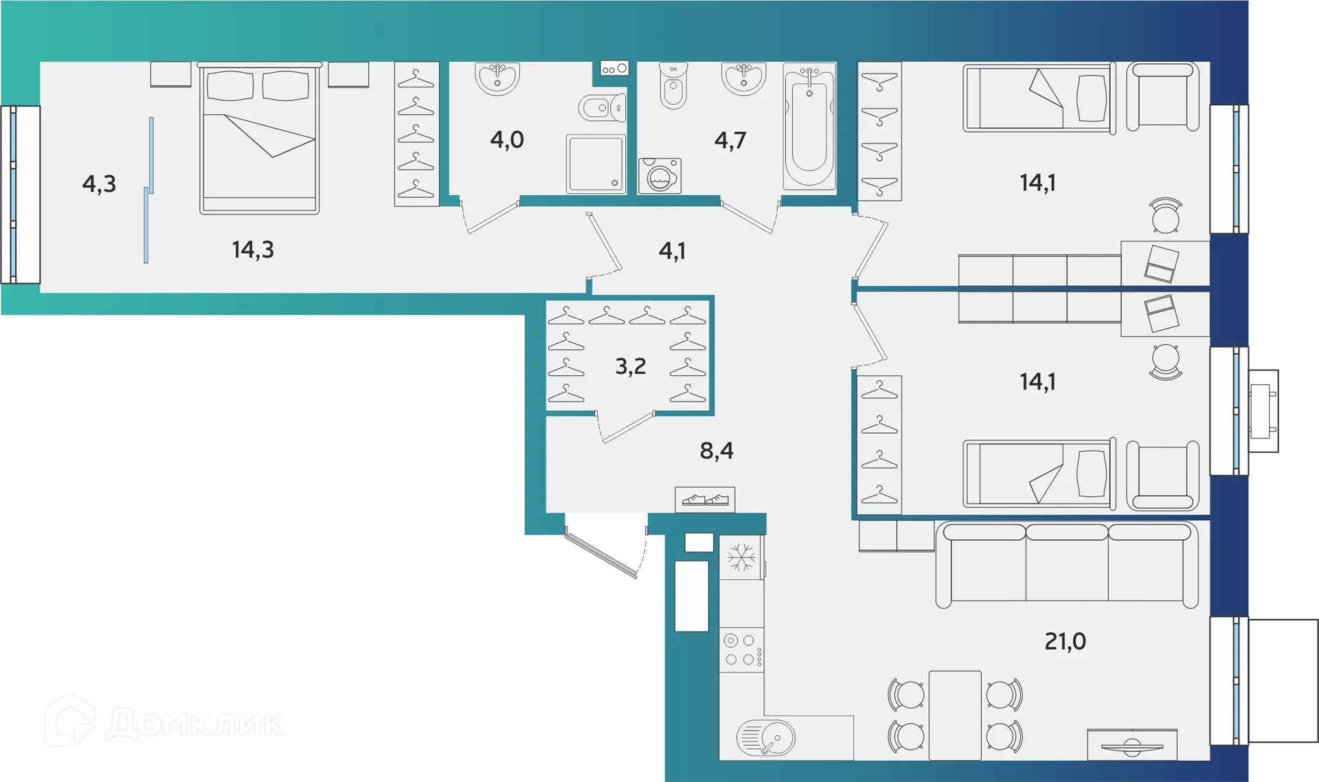 Планировка 3-комнатной квартиры 92.2 м² в ЖК Экополис, г. Альметьевск — фото 1