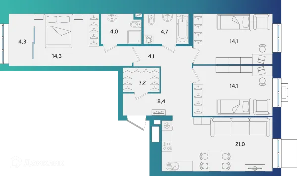Планировка 3 комн. в ЖК Экополис