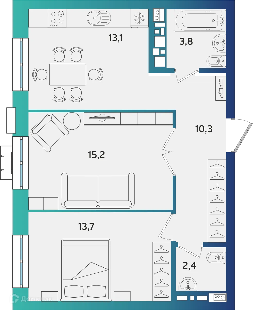 Планировка 2-комнатной квартиры 58.5 м² в ЖК Экополис, г. Альметьевск — фото 1