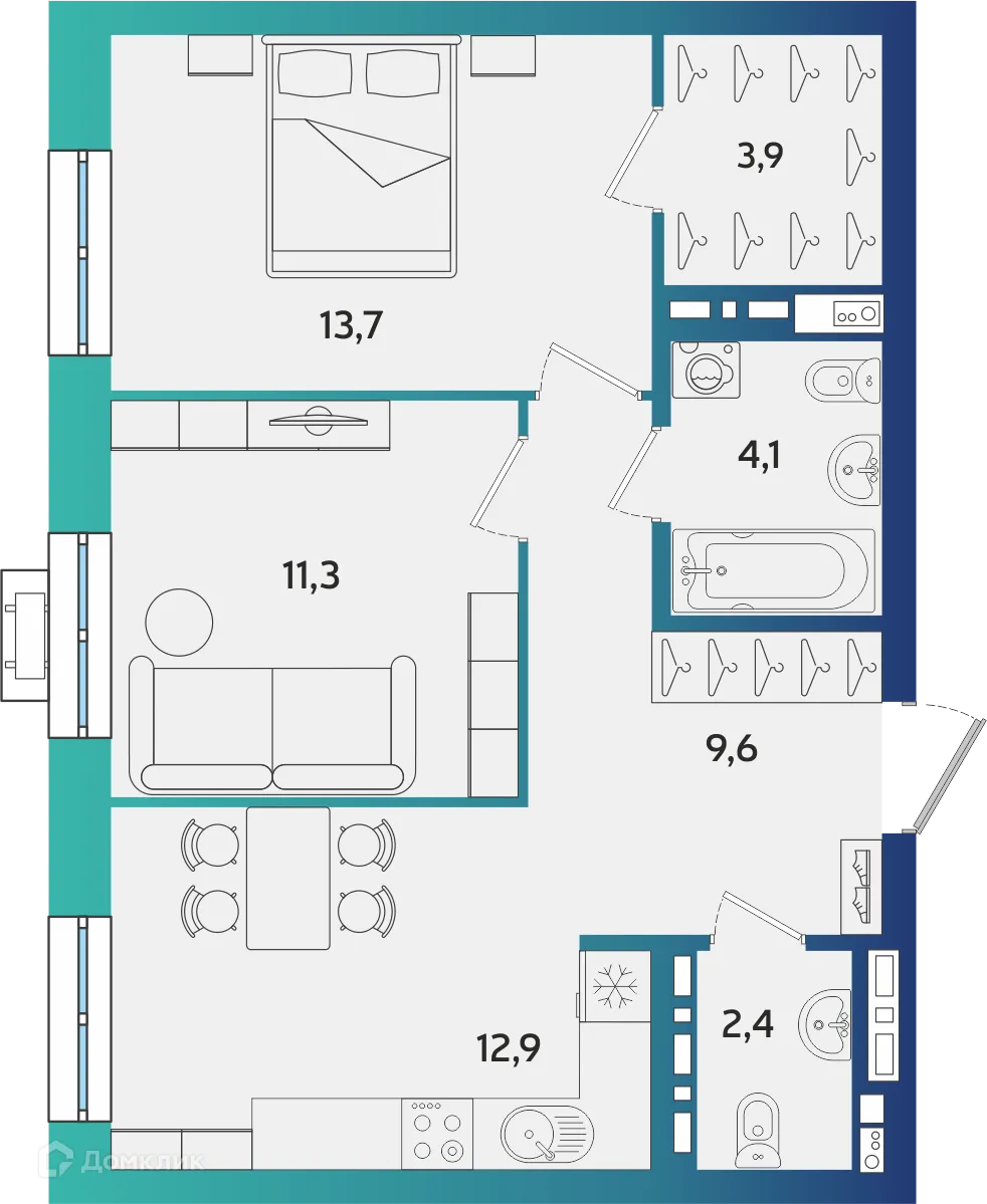 Планировка 2-комнатной квартиры 57.9 м² в ЖК Экополис, г. Альметьевск — фото 1