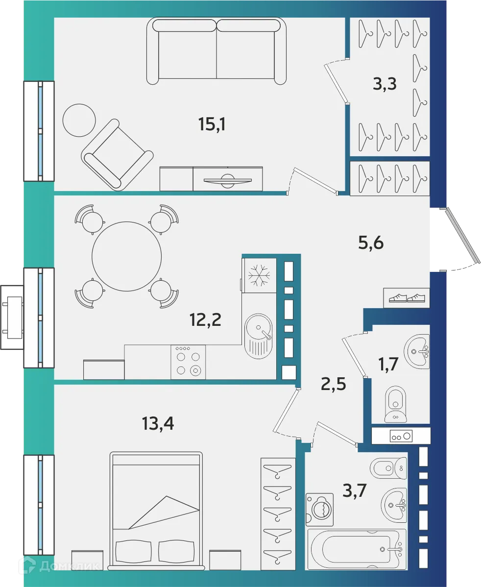 Планировка 2-комнатной квартиры 57.5 м² в ЖК Экополис, г. Альметьевск — фото 1