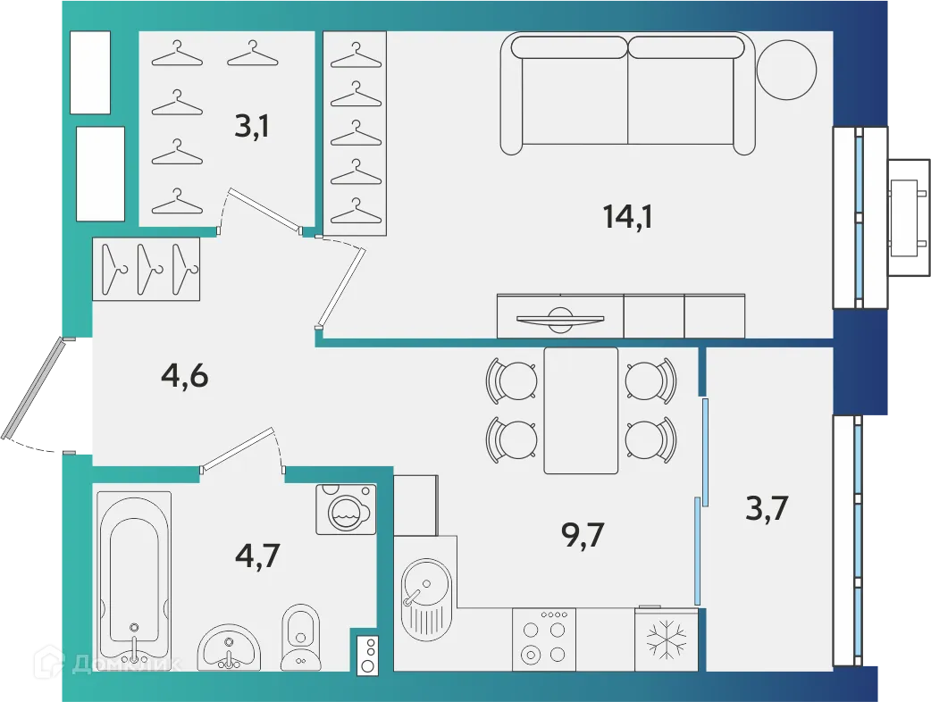Планировка 1-комнатной квартиры 39.9 м² в ЖК Экополис, г. Альметьевск — фото 1