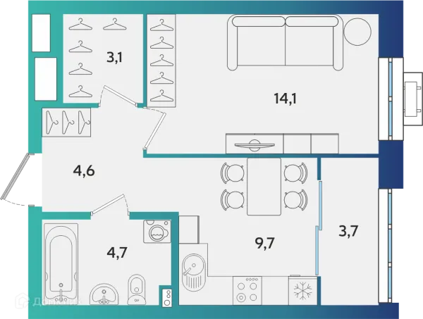 Планировка 1 комн. в ЖК Экополис