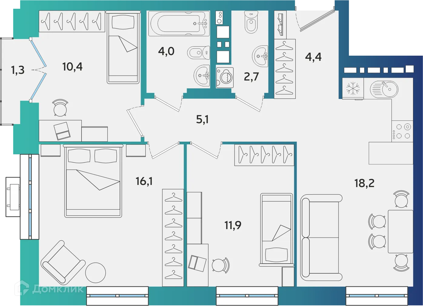 Планировка 3-комнатной квартиры 73.19 м² в ЖК Экополис, г. Альметьевск — фото 1