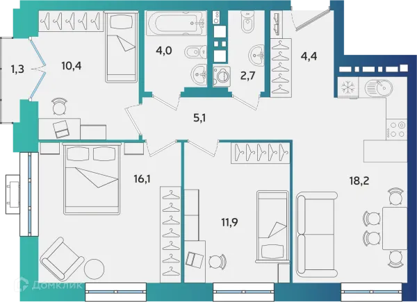 Планировка 3 комн. в ЖК Экополис
