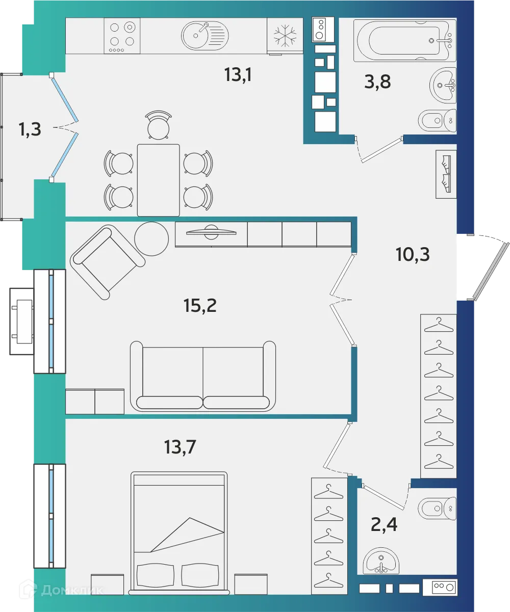 Планировка 2-комнатной квартиры 58.89 м² в ЖК Экополис, г. Альметьевск — фото 1