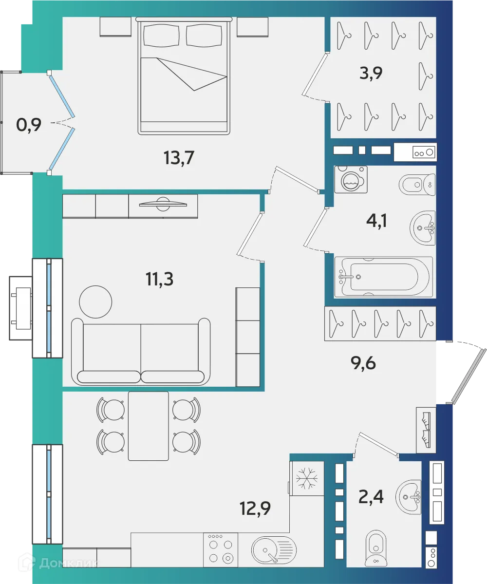 Планировка 2-комнатной квартиры 58.17 м² в ЖК Экополис, г. Альметьевск — фото 1