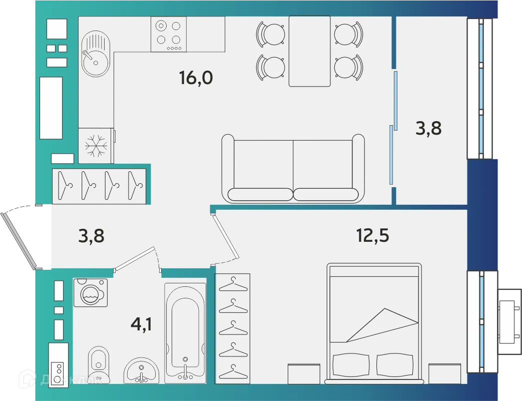Планировка 1-комнатной квартиры 40.2 м² в ЖК Экополис, г. Альметьевск — фото 1