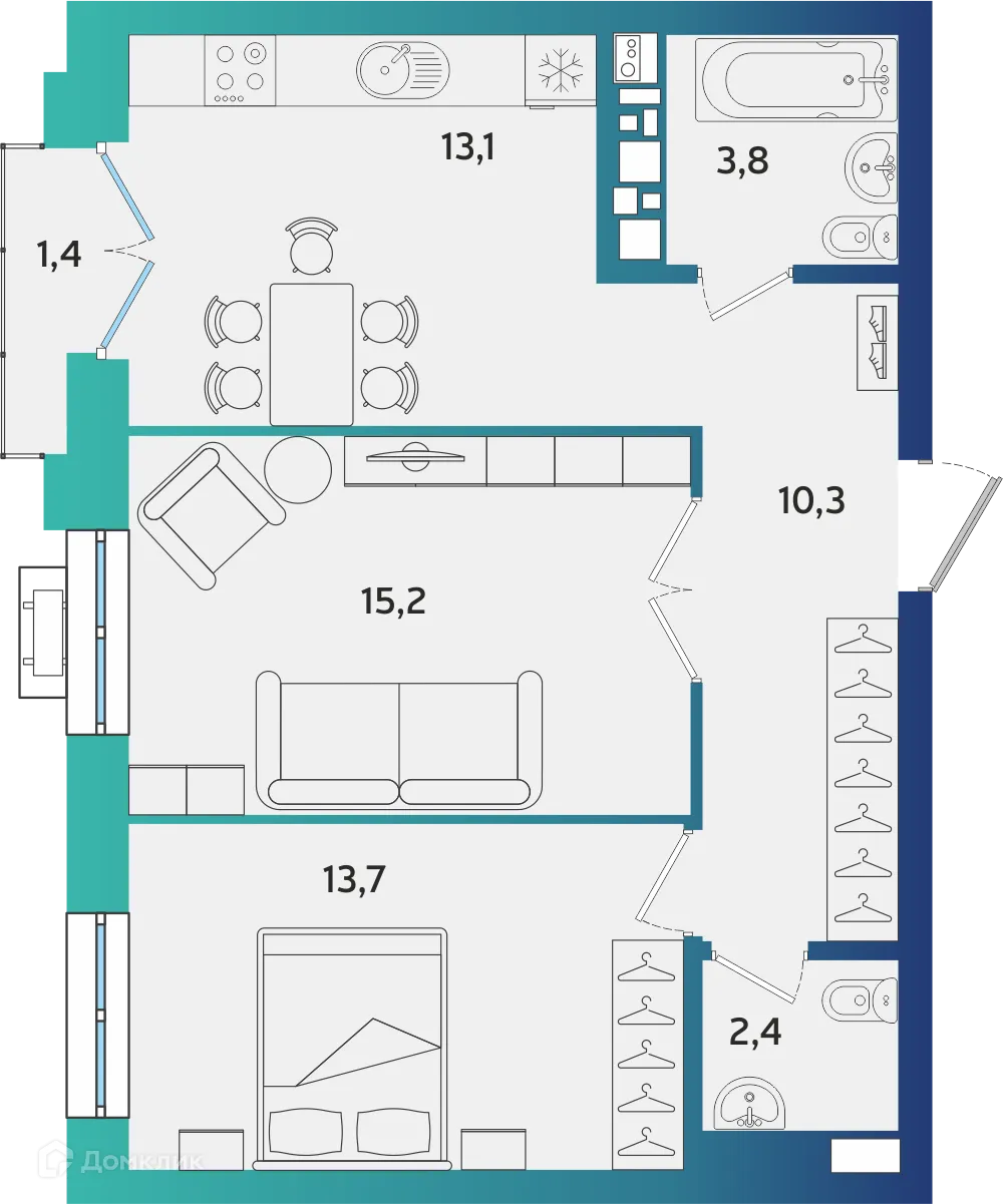Планировка 2-комнатной квартиры 58.92 м² в ЖК Экополис, г. Альметьевск — фото 1