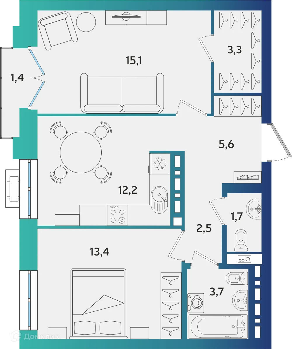 Планировка 2-комнатной квартиры 57.92 м² в ЖК Экополис, г. Альметьевск — фото 1