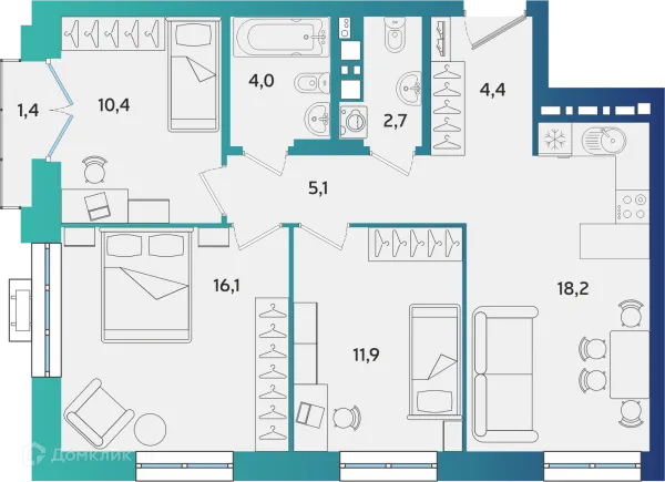 Планировка 3 комн. в ЖК Экополис