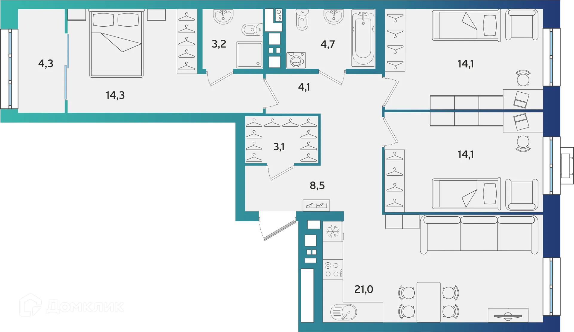 Планировка 3-комнатной квартиры 91.4 м² в ЖК Экополис, г. Альметьевск — фото 1